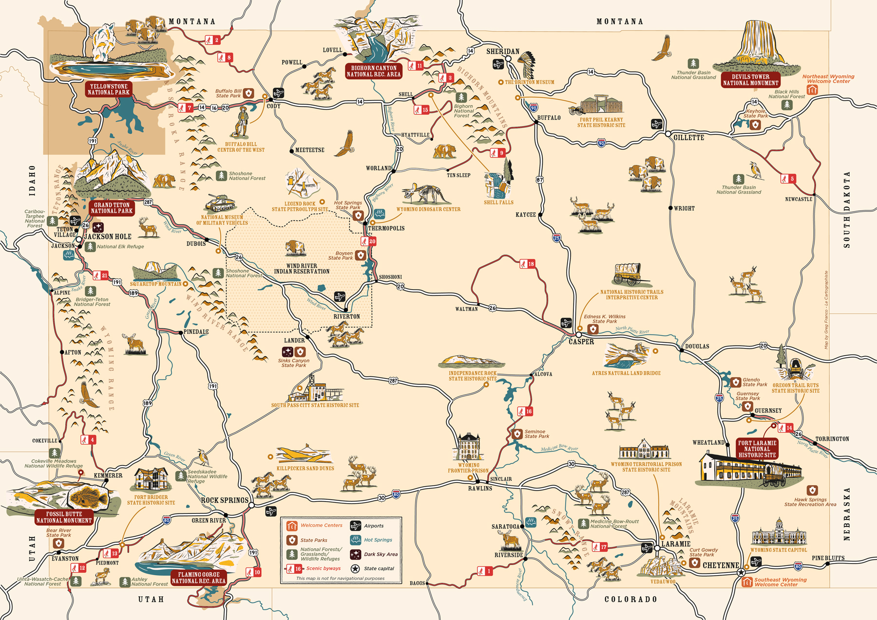 Carte illustrée du Wyoming mettent en avant près de 80 sites touristiques dont 36 sont illustrées.