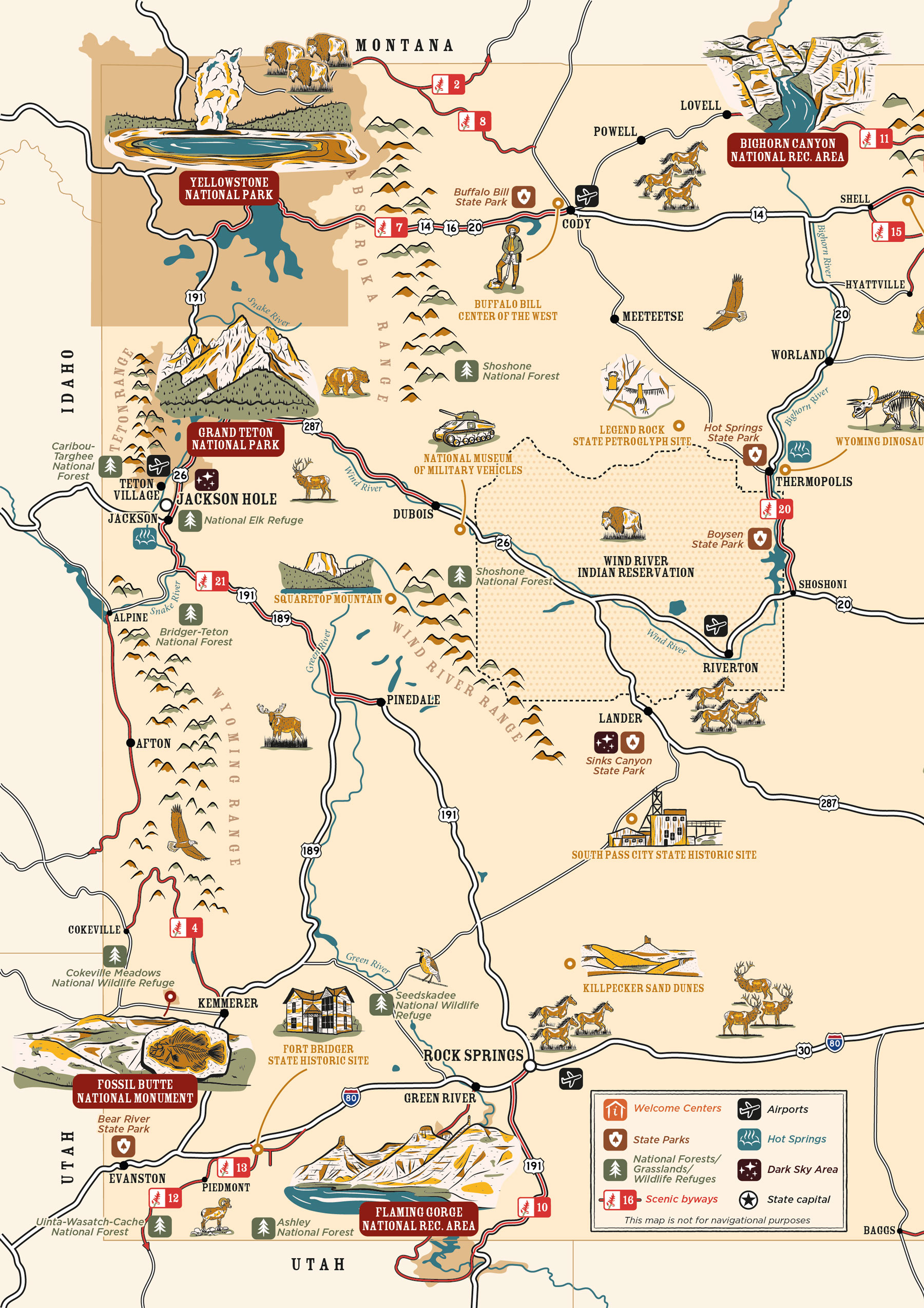 Moitié Ouest de la carte de l'état du Wyoming Avec Notamment le parc national de Yellowstone ou le parc national de Grand Teton