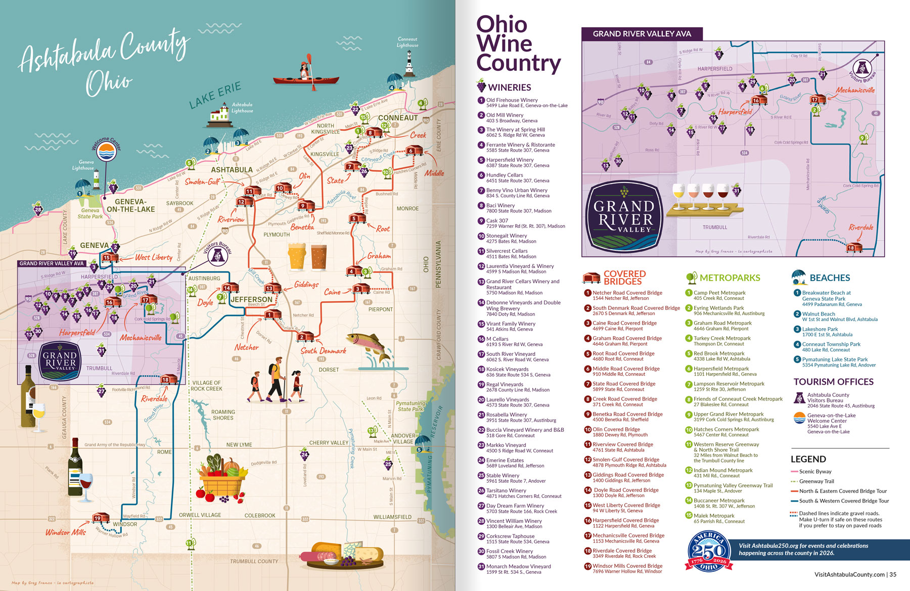 Double page de la brochure touristique d'Ohio Wine Country avec la carte illustrée du Comté d'Ashtabula sur une page et la carte spécifique à l'appellation Grand River Valley sur l'autre page