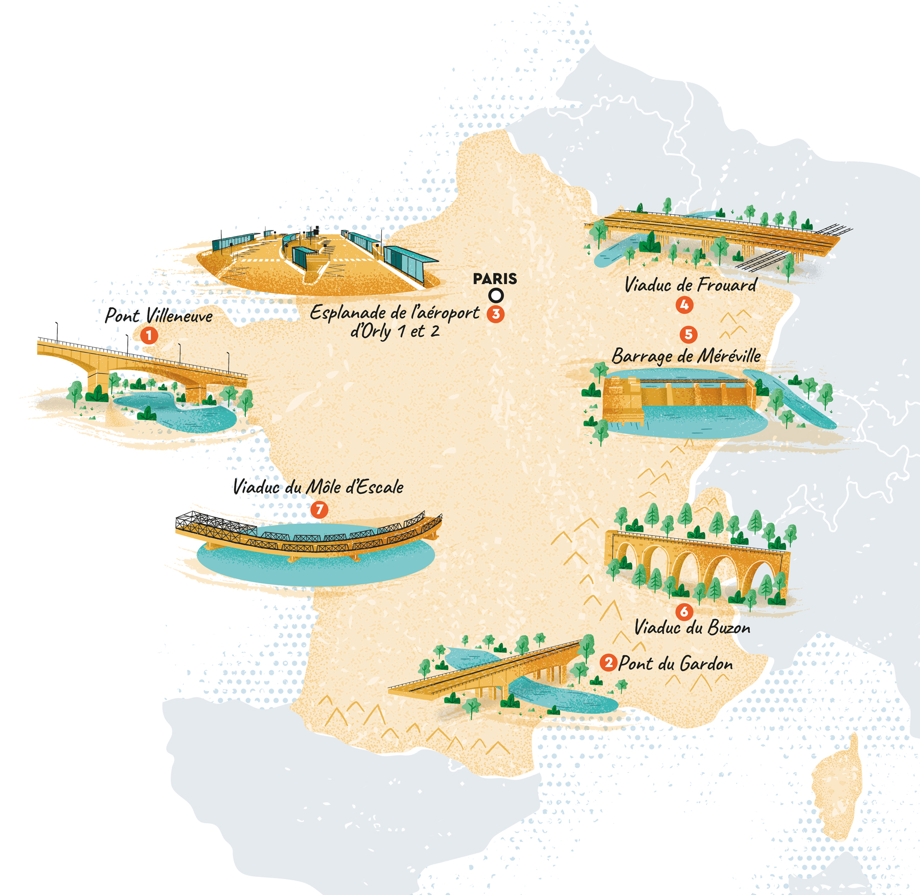 Carte illustrée représentant 7 ouvrages et infrastructures rénovées par le groupe Bouygues en France