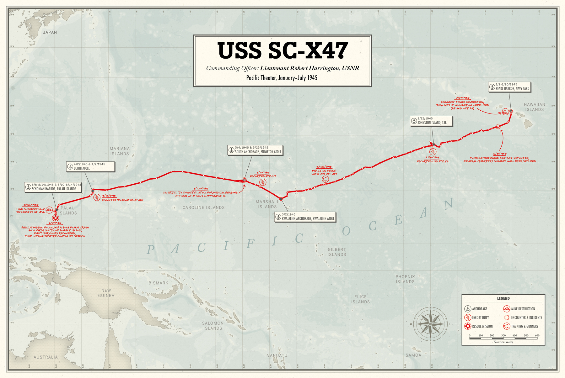 Carte présentant l'itinéraire d'un navire dans le Pacifique pendant la Seconde Guerre mondiale sur une période de 7 mois. Les différents évènements qui ont eu lieu pendant cette période sont annotés sur la carte. Réalisée par Greg Franco - Le Cartographiste.