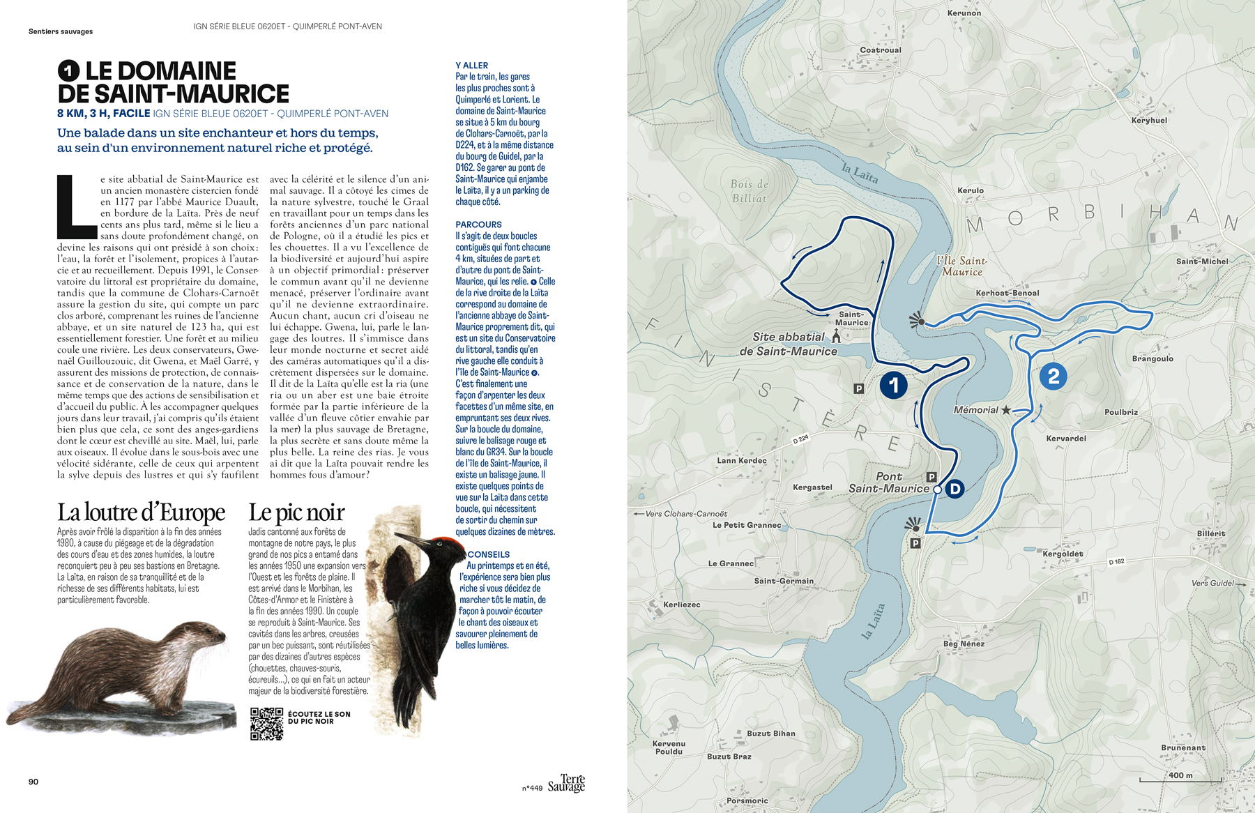 Double page du magazine avec la carte de randonnée sur la page de droite mettant un avant l'itinéraire à suivre.