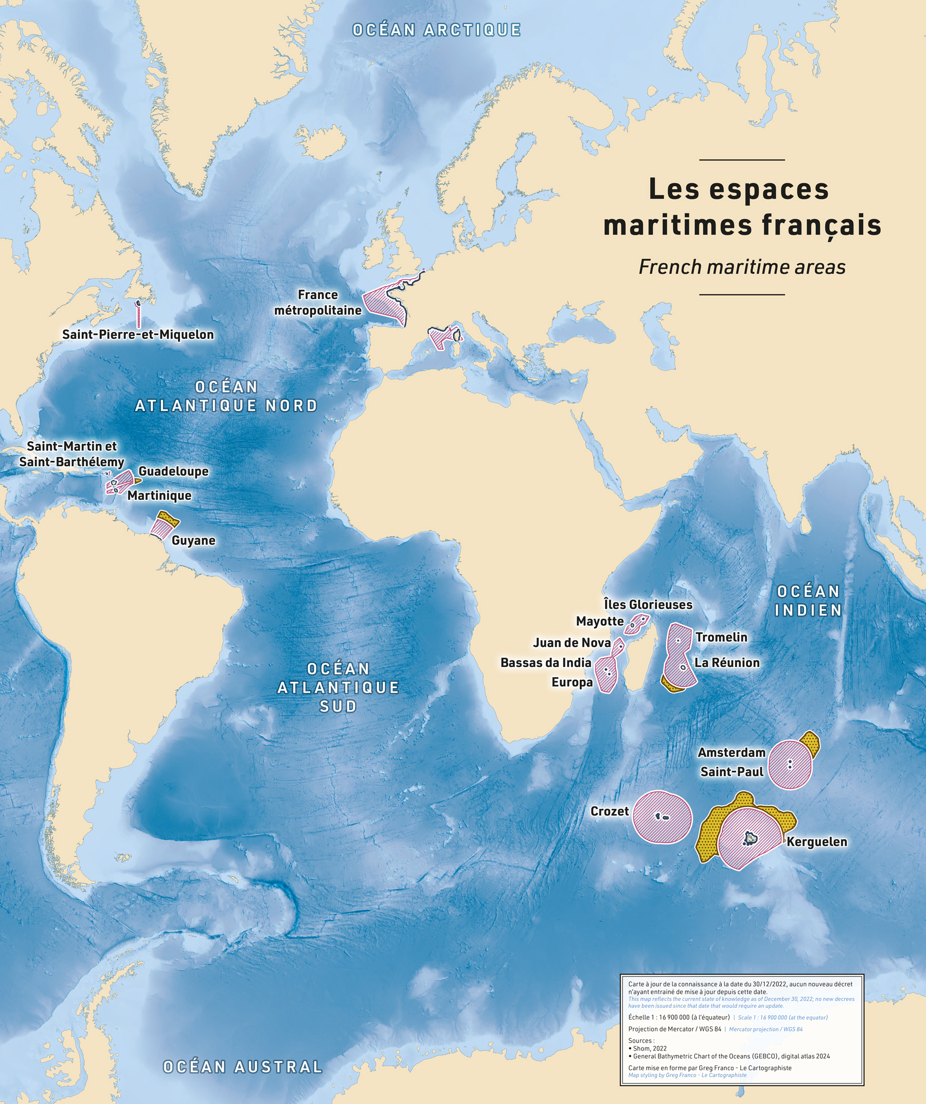 Carte des espaces maritimes français centrée sur les océans Atlantique et Indien avec la France Métropolitaine, Saint-Pierre-et-Miquelon, Saint Martin, Saint Bathélémy, la Guadeloupe, la Martinique, la Guyane, les îles GLorieuses, Mayotte, Juan de Nova, Bassas da India, Europa, Tromelin, La Réunion, Amsterdam et Saint-Paul, Crozet et Kerguelen. Réalisée pour le Musée National de la Marine de Paris par Greg Franco - Le Cartographiste