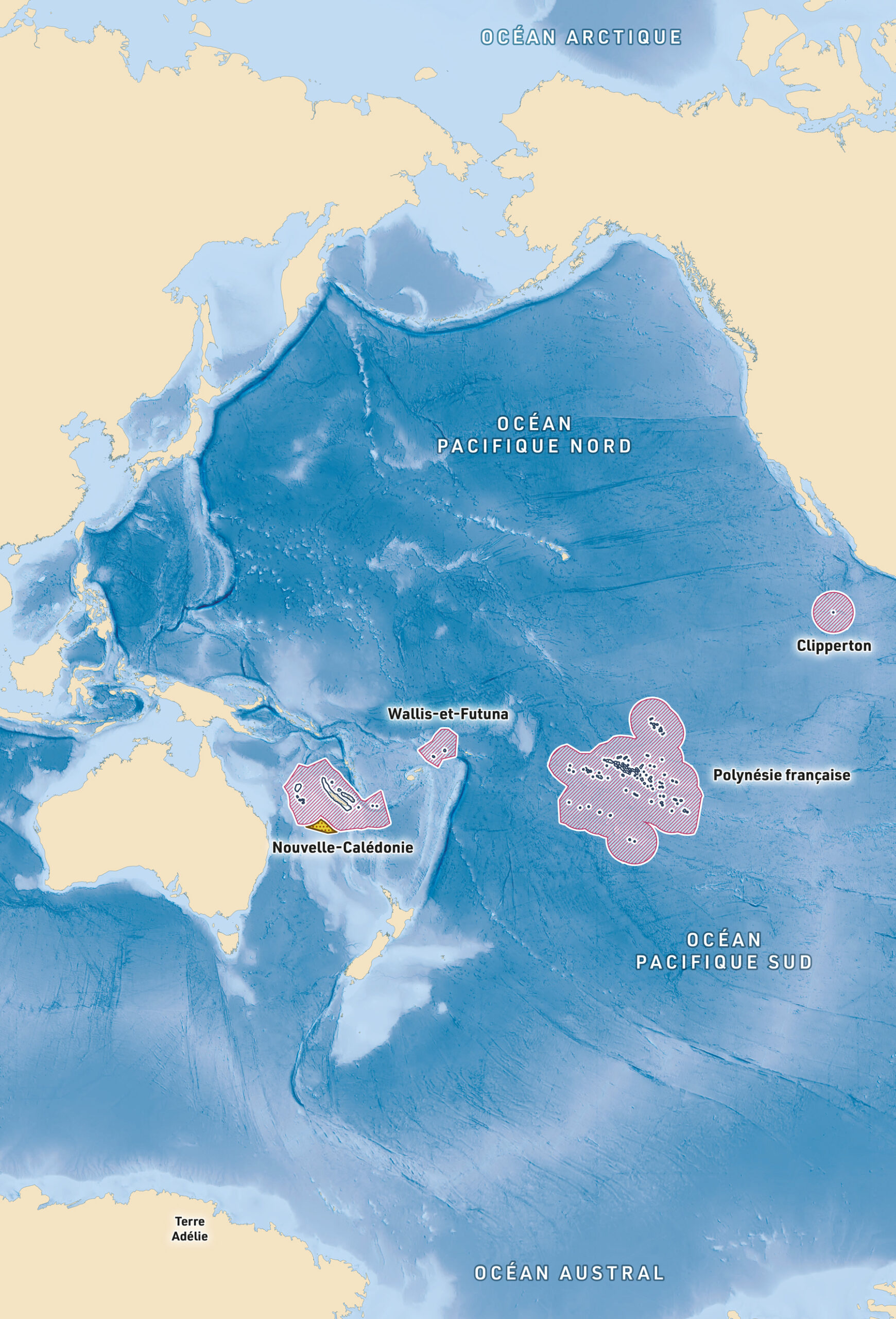 Carte des espaces maritimes français centrée sur l'océan Pacifique avec la Nouvelle Calédonie, Wallis-et-Futuna, la Polynésie française et Clipperton. Réalisée pour le Musée National de la Marine de Paris par Greg Franco - Le Cartographiste