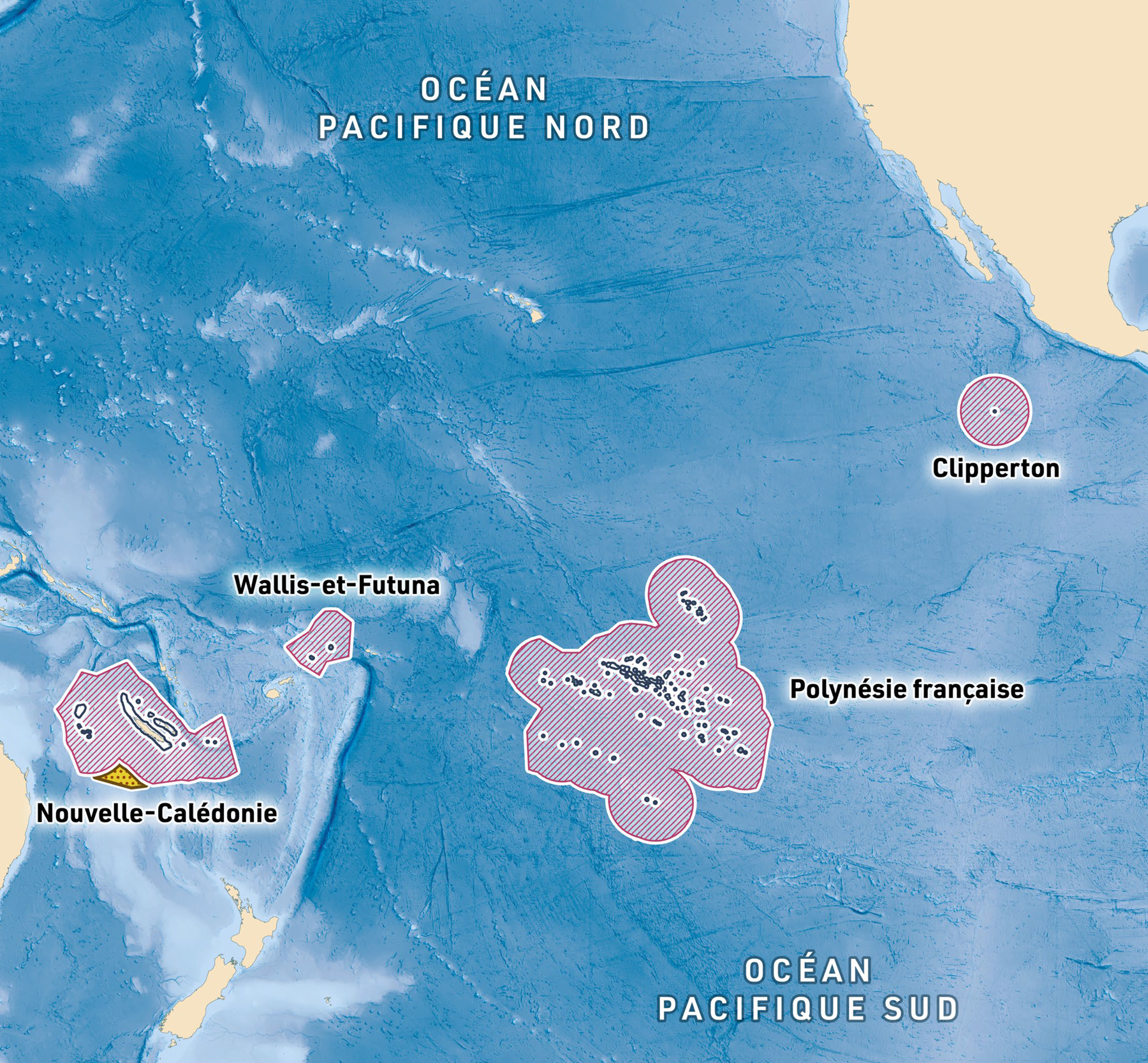 Carte des espaces maritimes français zoomée sur le Pacifique Sud. Réalisée pour le Musée National de la Marine de Paris par Greg Franco - Le Cartographiste. Imprimée en grand format de 3m de large.