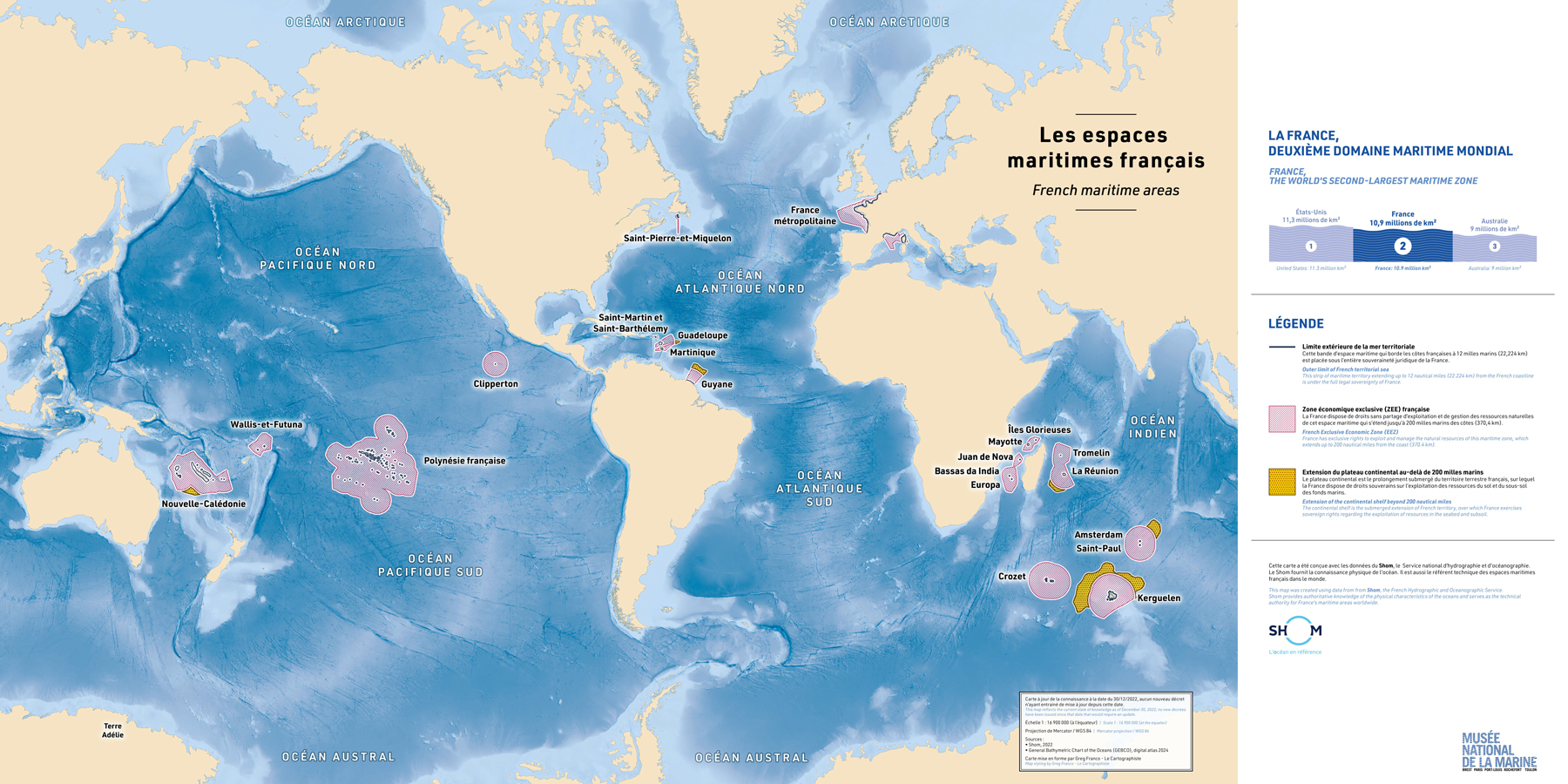 Carte mondiale des espaces maritimes français. Imprimée en très grand format (3m de large) et réalisée pour le Musée National de la Marine de Paris par Greg Franco - Le Cartographiste